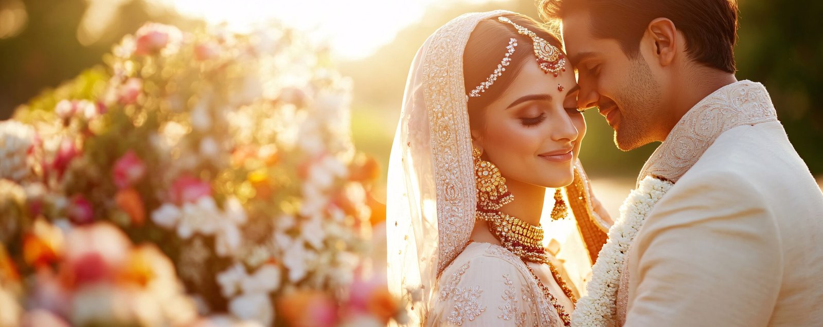 Young indian couple is embracing each other on their wedding day